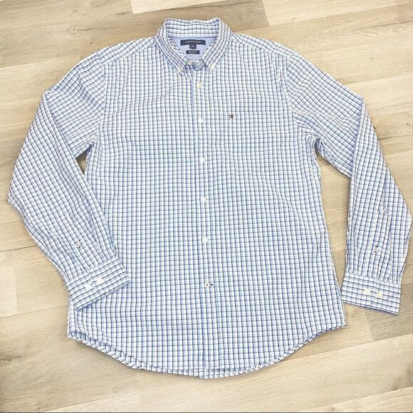 Tommy Hilfiger 80’s 2Ply Plaid Button Front Shirt Blue & White L - Picture 1 of 8
